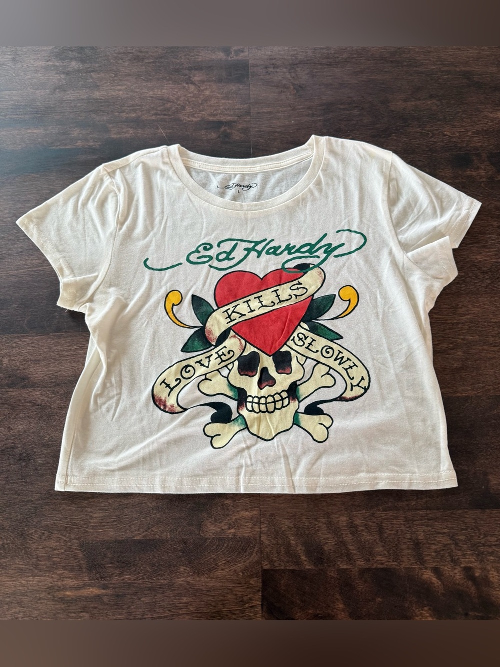 Ed Hardy Cream Short Sleeve Crop Top Tee with Red Heart & Skull Graphic